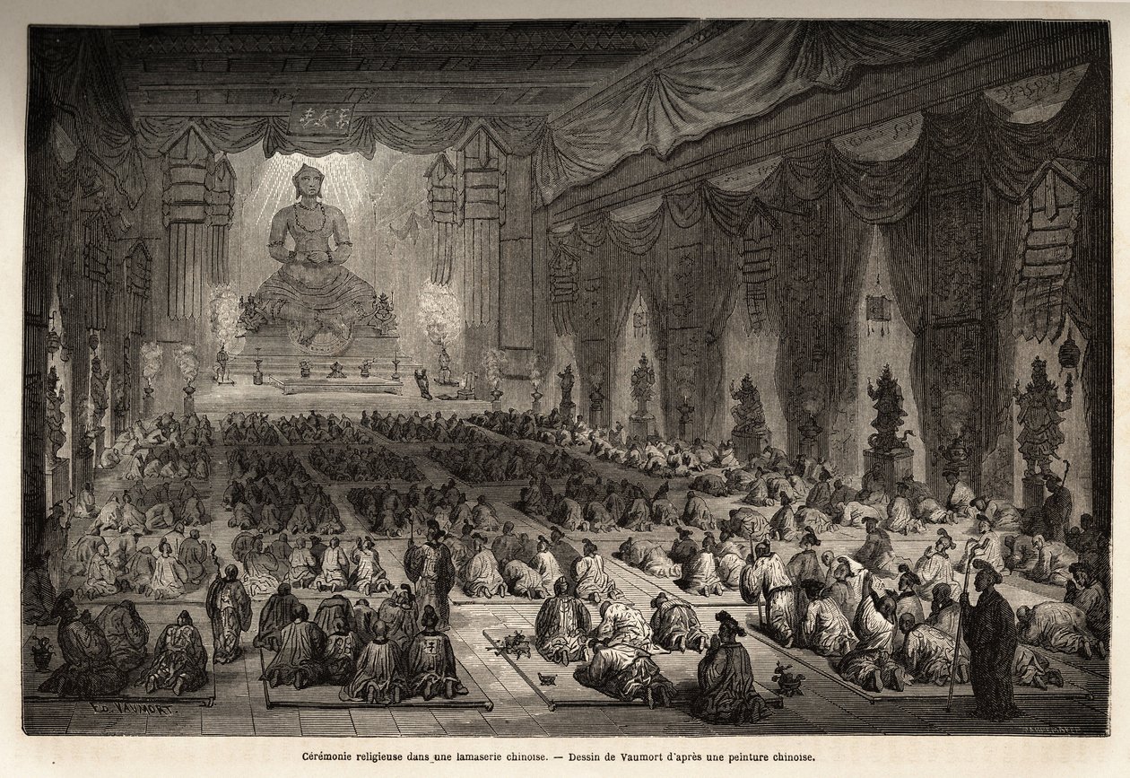 Cerimônia religiosa em um lamasserie chinês, desenho de Vaumort (? -1886), para ilustrar a viagem de Shangai a Moscou, de 1859 a 1862, de M. de Bourboulon, ministro francês à China. Gravura em "Le tour du monde", editado por Edouard Charton de Edouard Vaumort
