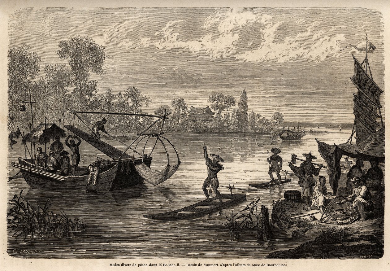 São descritos os vários métodos de pesca nos rios da província de Pet Tche Li (pesca ao fogo, pesca tridente, pesca de peixe, pesca de xadrez e pesca costeira). Desenho de Vaumort (? -1886), para ilustrar a viagem de Xangai a Moscovo, a partir de 185 de Edouard Vaumort