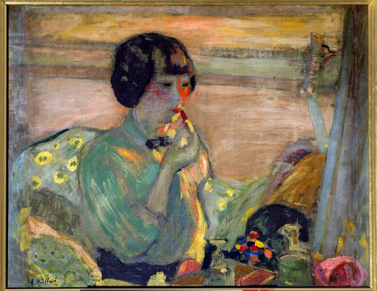 A comediante francesa Marthe Mellot (1870-1947) vestindo maquiagem, século 20. Paris, Comedy of the Champs Elysees (óleo sobre tela) de Edouard Vuillard