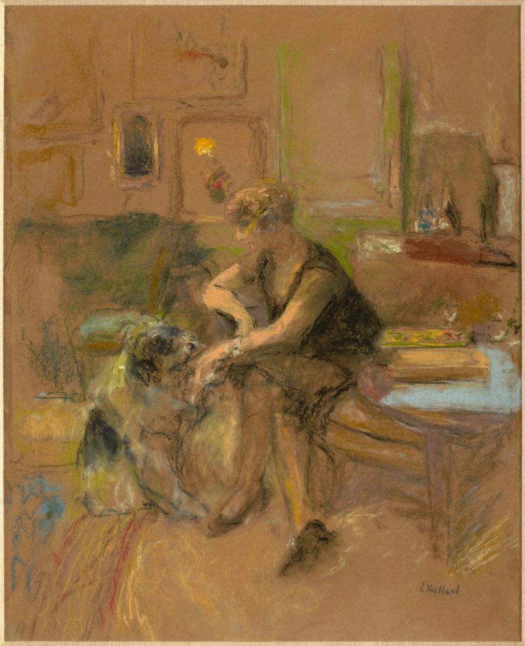Gabrielle Jonas a brincar com um cão de Edouard Vuillard