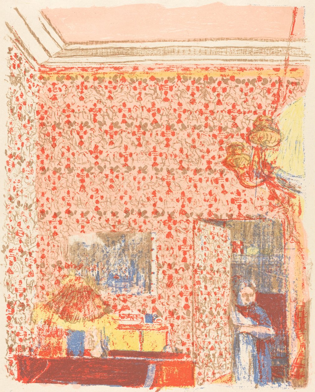 Interior com papel de parede rosa I (Interieur aux tentures roses I) de Edouard Vuillard
