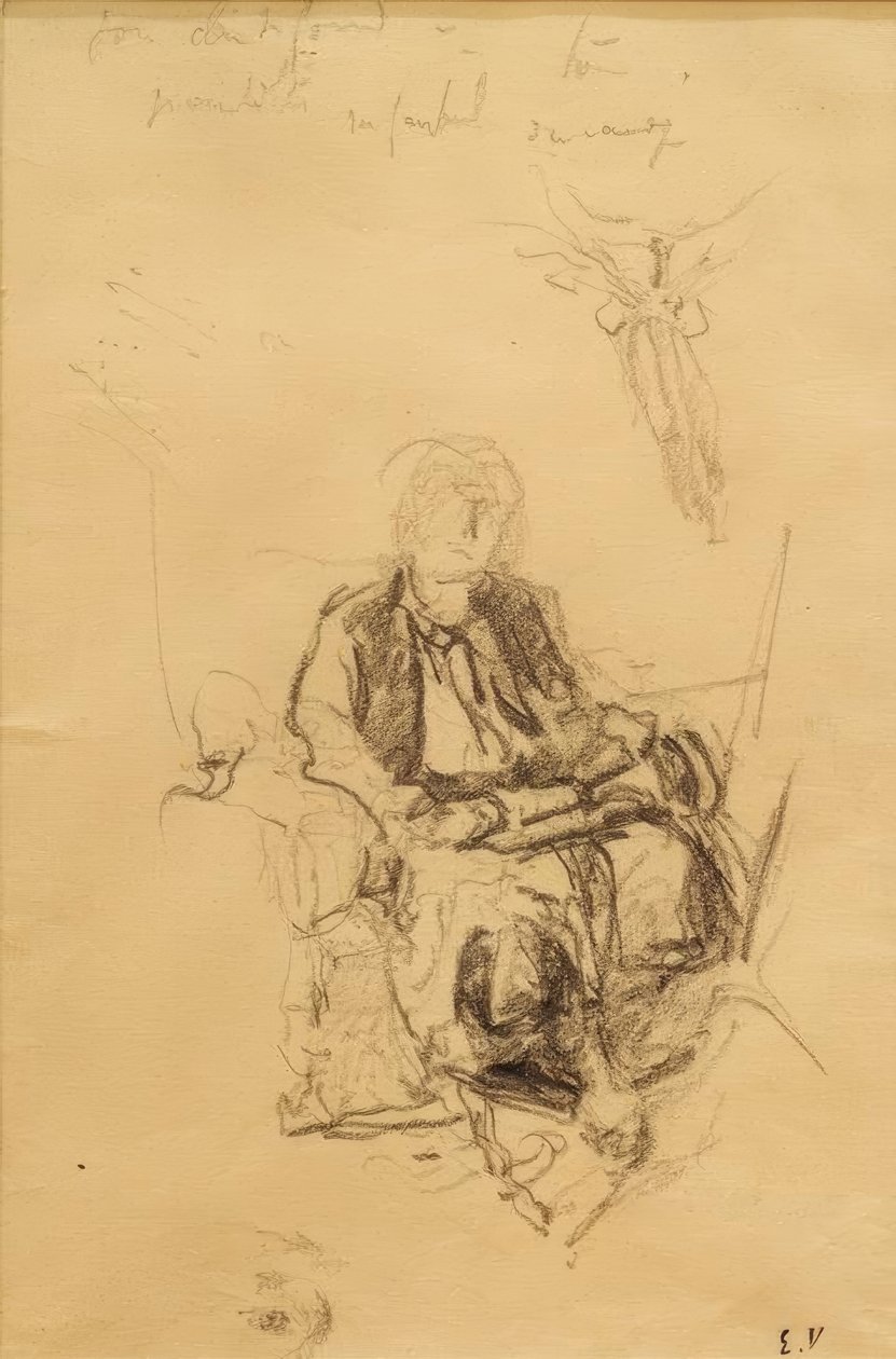 Madame Bénard sentada com uma estola desenhada de seu lenço na cabeça de Edouard Vuillard