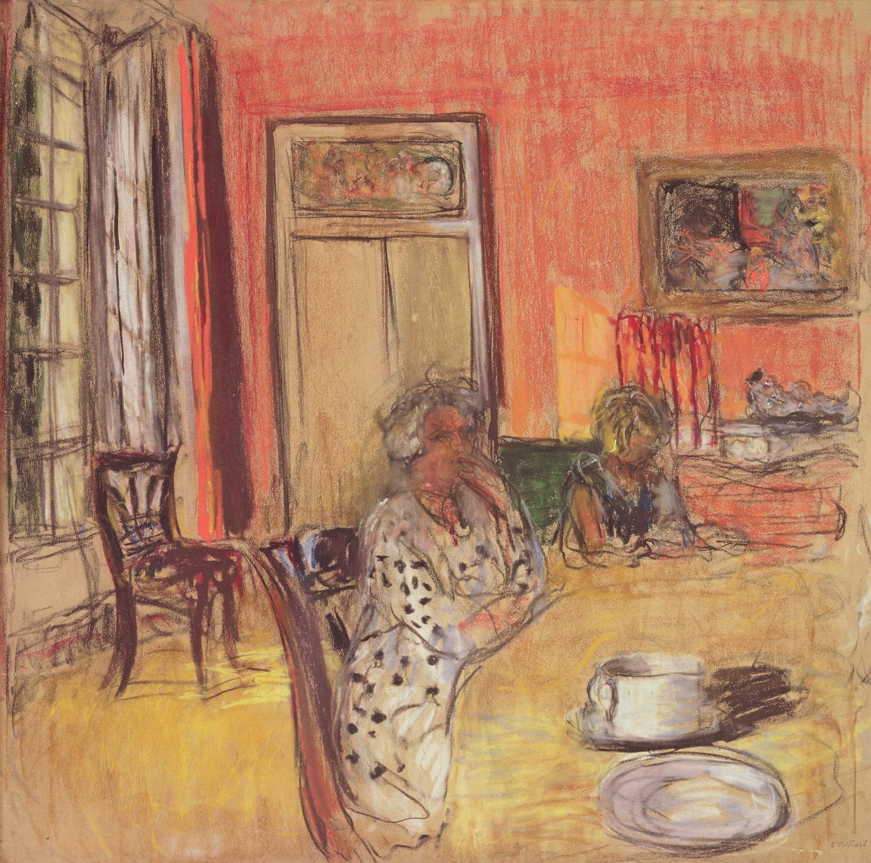 Madame Hessel e Lulu na sala de jantar no Château des Clayes, c.1935-38 de Edouard Vuillard