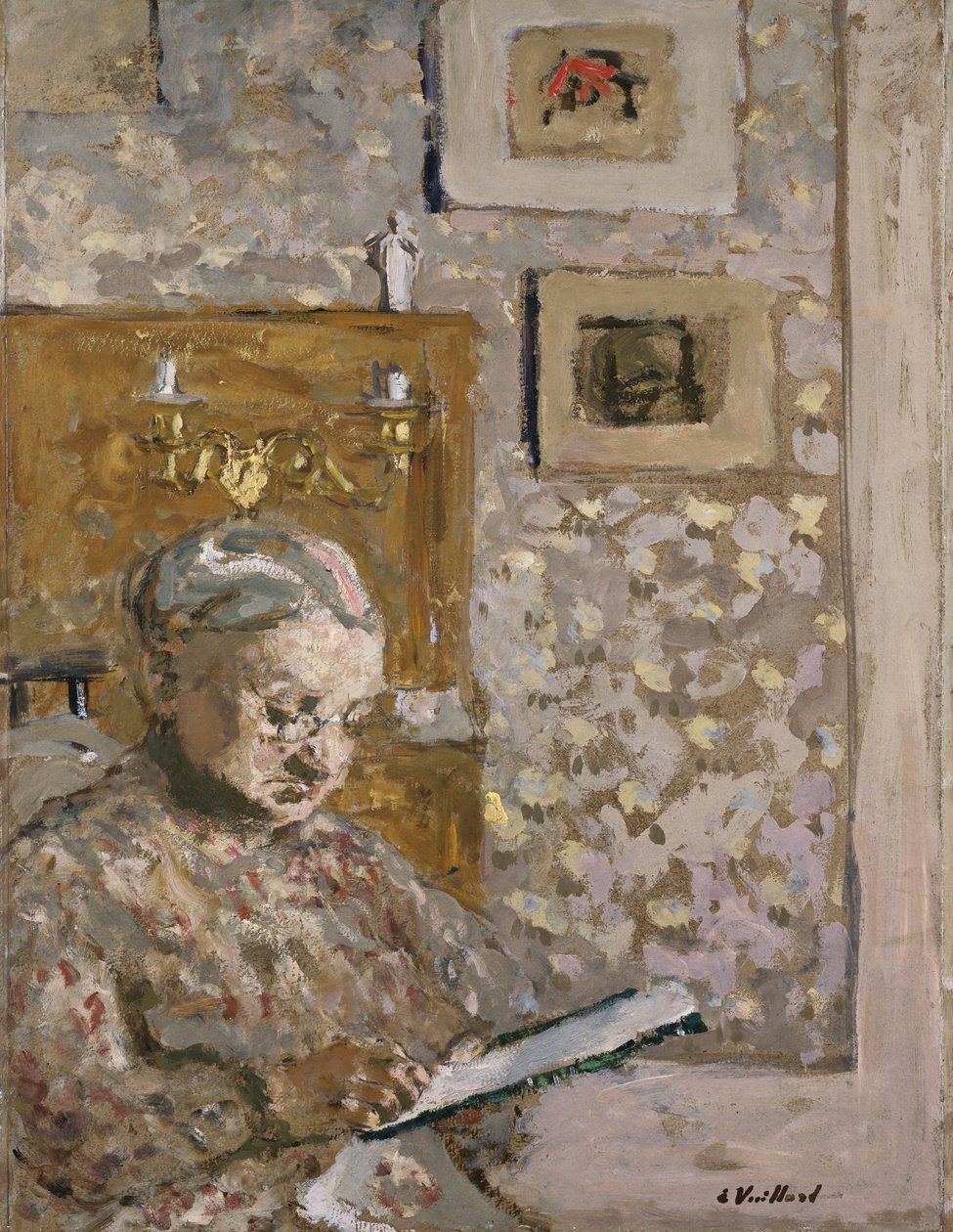 Mme Vuillard com uma Tapeçaria, c.1910 (óleo a bordo) de Edouard Vuillard