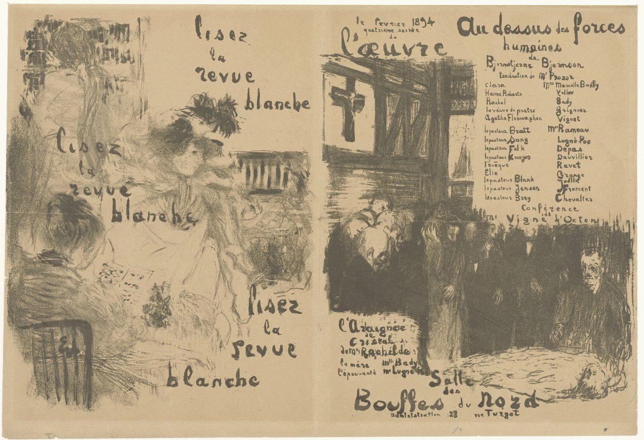 Omslag programmaboekje met advertentie voor La Revue Blanche en aankondiging van toneelstuk Au-dessus des forces humaines
Leia a revista branca Above the Human Forces de Edouard Vuillard