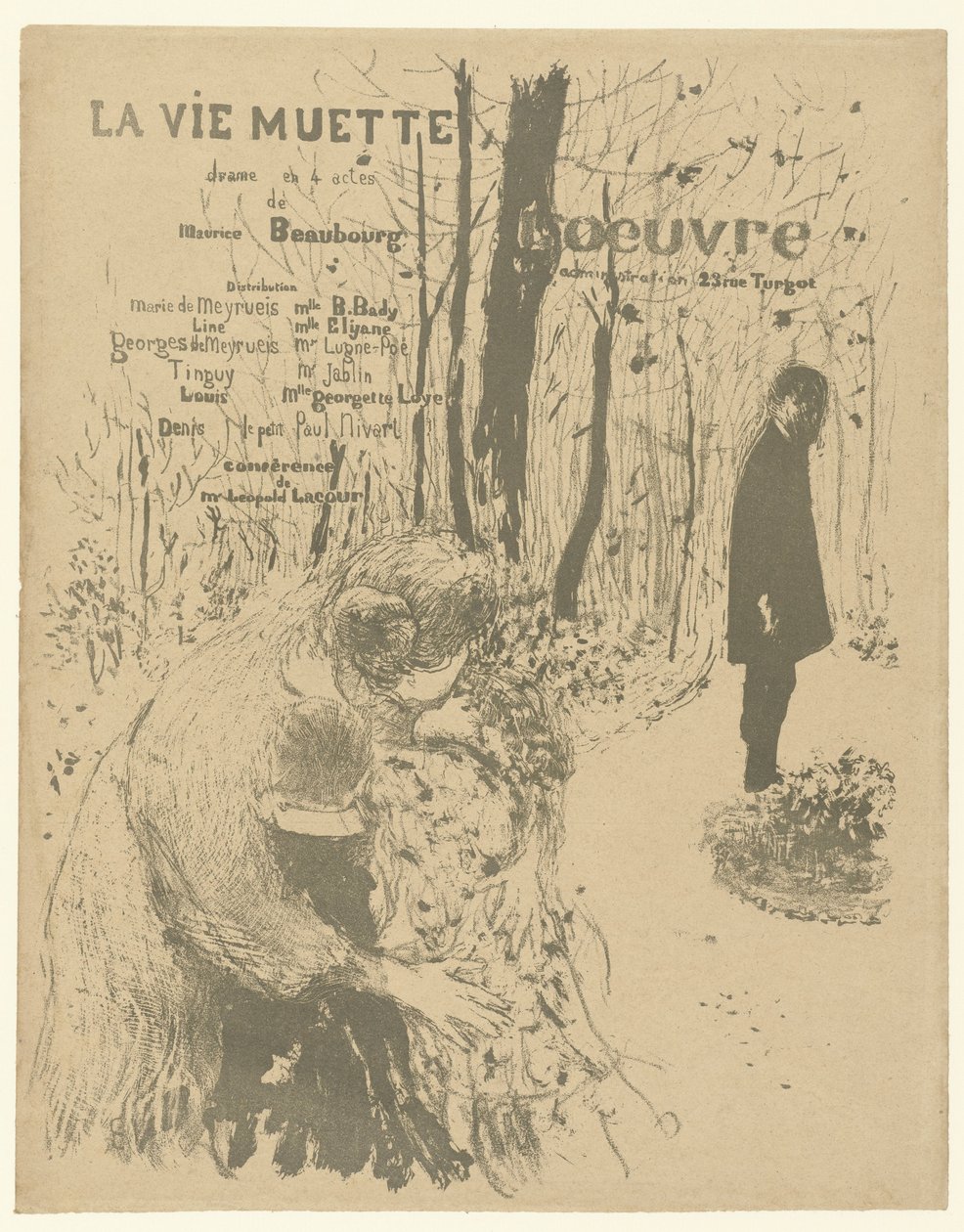 Capa para livreto do programa com mulher com dois filhos e homem no parque para jogar La vie muette com lista de papéis e atores La vie muette de Edouard Vuillard