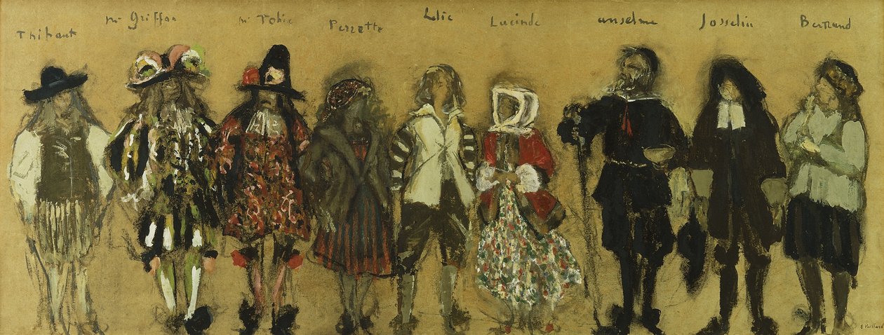 Estude para figurinos de nove atores em "La Coupe Enchantee" para Jean de la Fountaine; Estudos de Figurino para os Novos Personagens da Taça Encantada de Jean de la Fontaine, 1918 de Edouard Vuillard