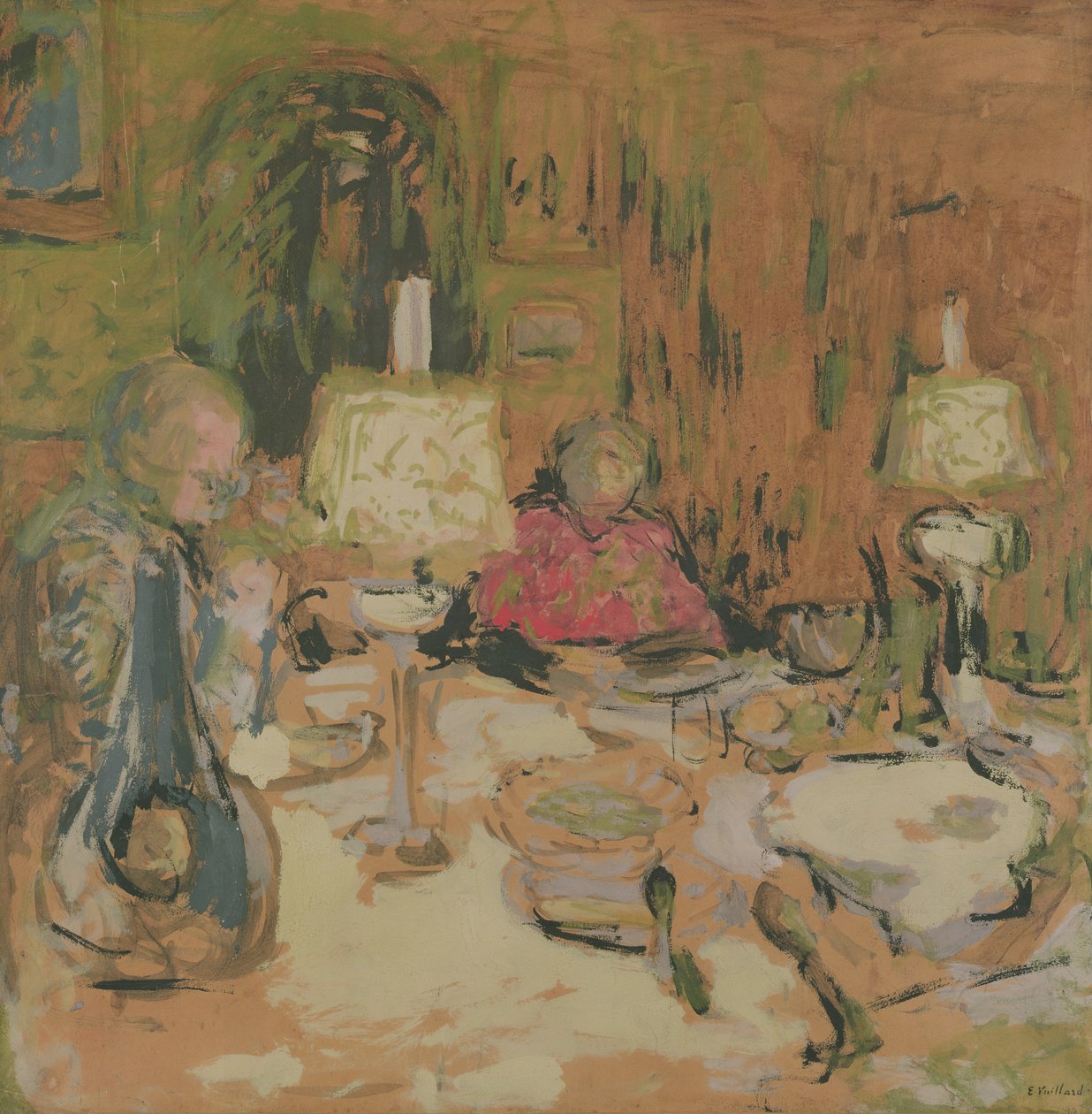 O Jantar com Duas Lâmpadas, rue de Calais, 1913 (cinomose em papel pardo) de Edouard Vuillard