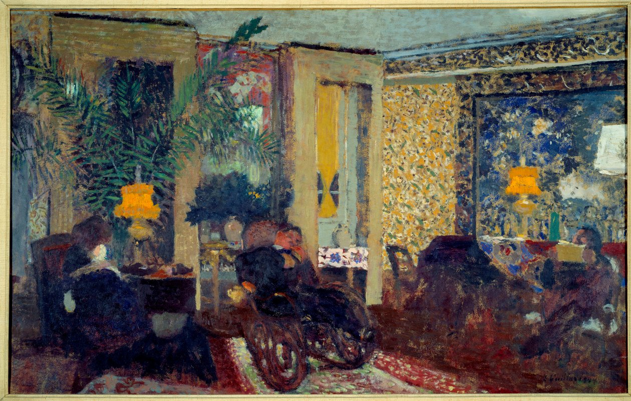 A sala de estar com três lâmpadas St. Florentine. Interior de uma sala de estar em um apartamento. No centro, um homem senta-se numa cadeira de balanço. Pintura de Edouard Vuillard (1868-1940) de Edouard Vuillard