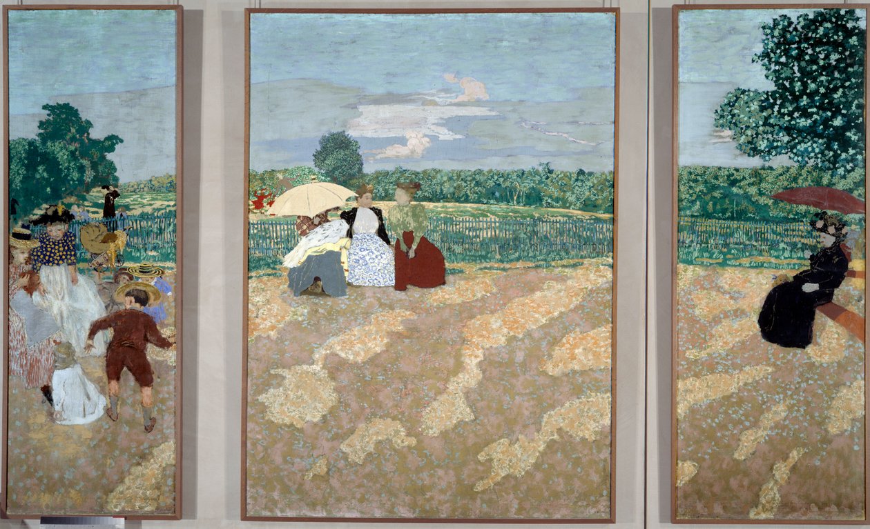 Os jardins públicos: As enfermeiras, A conversa e o guarda-chuva vermelho - Tríptico destinado à decoração da mansão de Alexandre Natanson de Edouard Vuillard