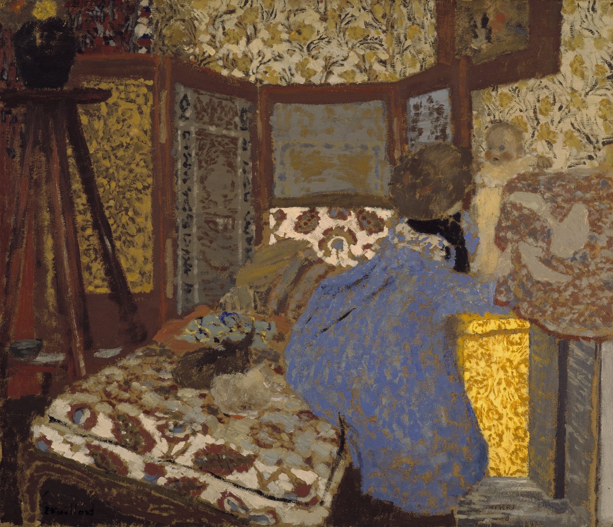 Mulher de azul com uma criança, c.1899 (óleo sobre cartão) de Edouard Vuillard