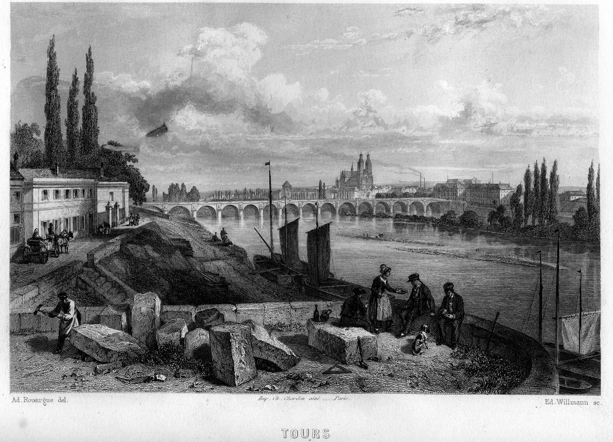 Vista da cidade de Tour, Indre-et-Loire (Indre et Loire), Centro, França. Gravura de Willmann em "La France ancienne et moderne" de Jean-Bernard Mary-Lafon (Jean Bernard Mary Lafon) de Edouard Willmann
