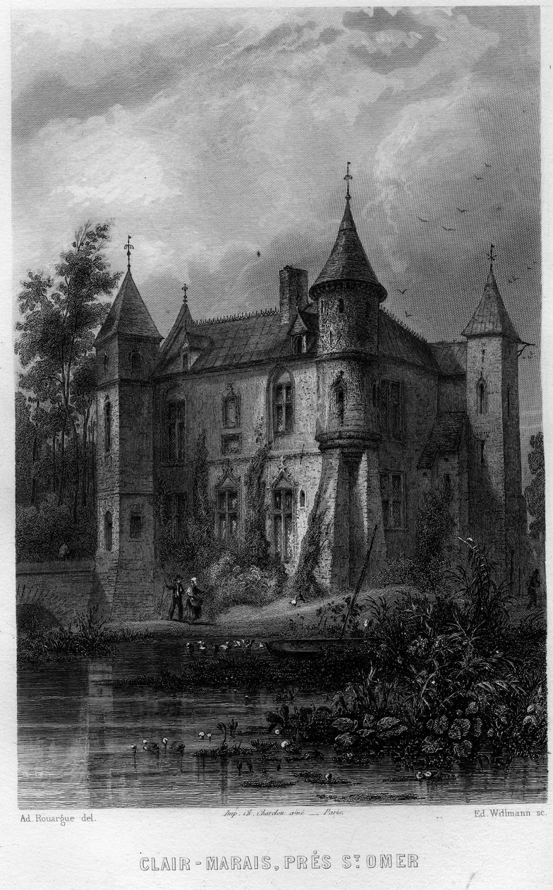 Pântano de Clair (Clair-Marais ou Clairmarais) perto de Saint Omer (Saint Omer), Pas-de-Calais, região Nord-Pas-de-Calais (Nord Pas-de-Calais), França. Gravura de Willmann em "La France ancienne et moderne" de Jean-Bernard Mary-Lafon (Jean Bernard Mary Laf de Edouard Willmann