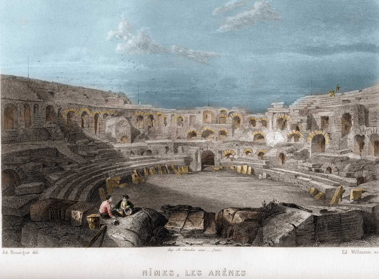 Les arenes de Nimes, Gard, Languedoc-Roussillon (Languedoc Roussillon), França. Gravura de Willmann em "La France ancienne et moderne" de Jean-Bernard Mary-Lafon (Jean Bernard Mary Lafon) de Edouard Willmann