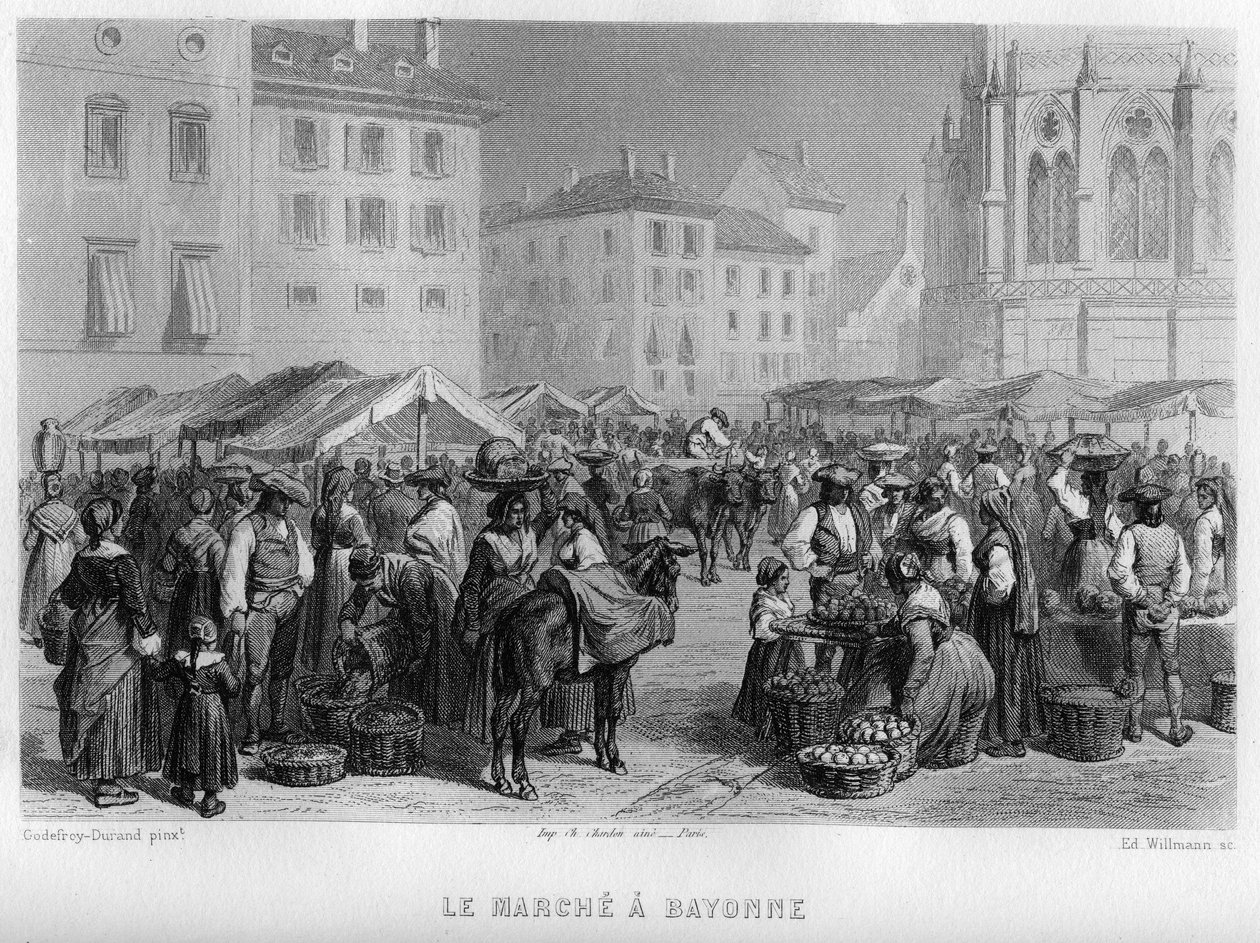 Marche em Bayonne, Pirenéus Atlânticos (Pirenéus Atlânticos), Aquitânia, França. Gravura de Willmann em "La France ancienne et moderne" de Jean-Bernard Mary-Lafon (Jean Bernard Mary Lafon) de Edouard Willmann