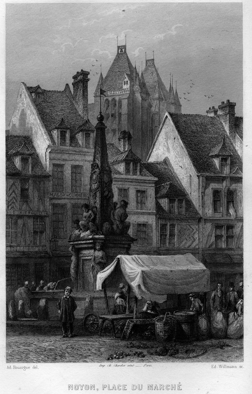 Mercado da cidade de Noyon, Oise, Picardie, França. Gravura de Willmann em "La France ancienne et moderne" de Jean-Bernard Mary-Lafon (Jean Bernard Mary Lafon) de Edouard Willmann