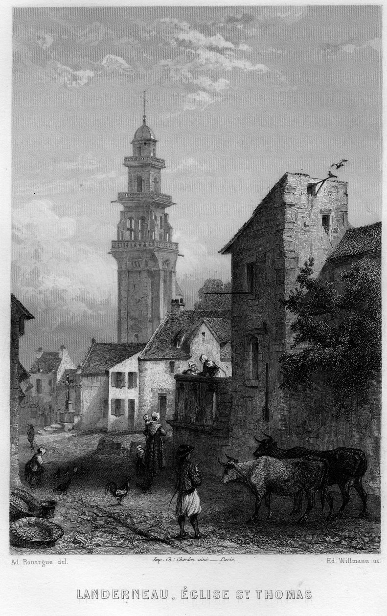Vista da Igreja de Landerneau e Saint Thomas, Finistere, Bretanha, França. Gravura de Willmann em "La France ancienne et moderne" de Jean-Bernard Mary-Lafon (Jean Bernard Mary Lafon) de Edouard Willmann