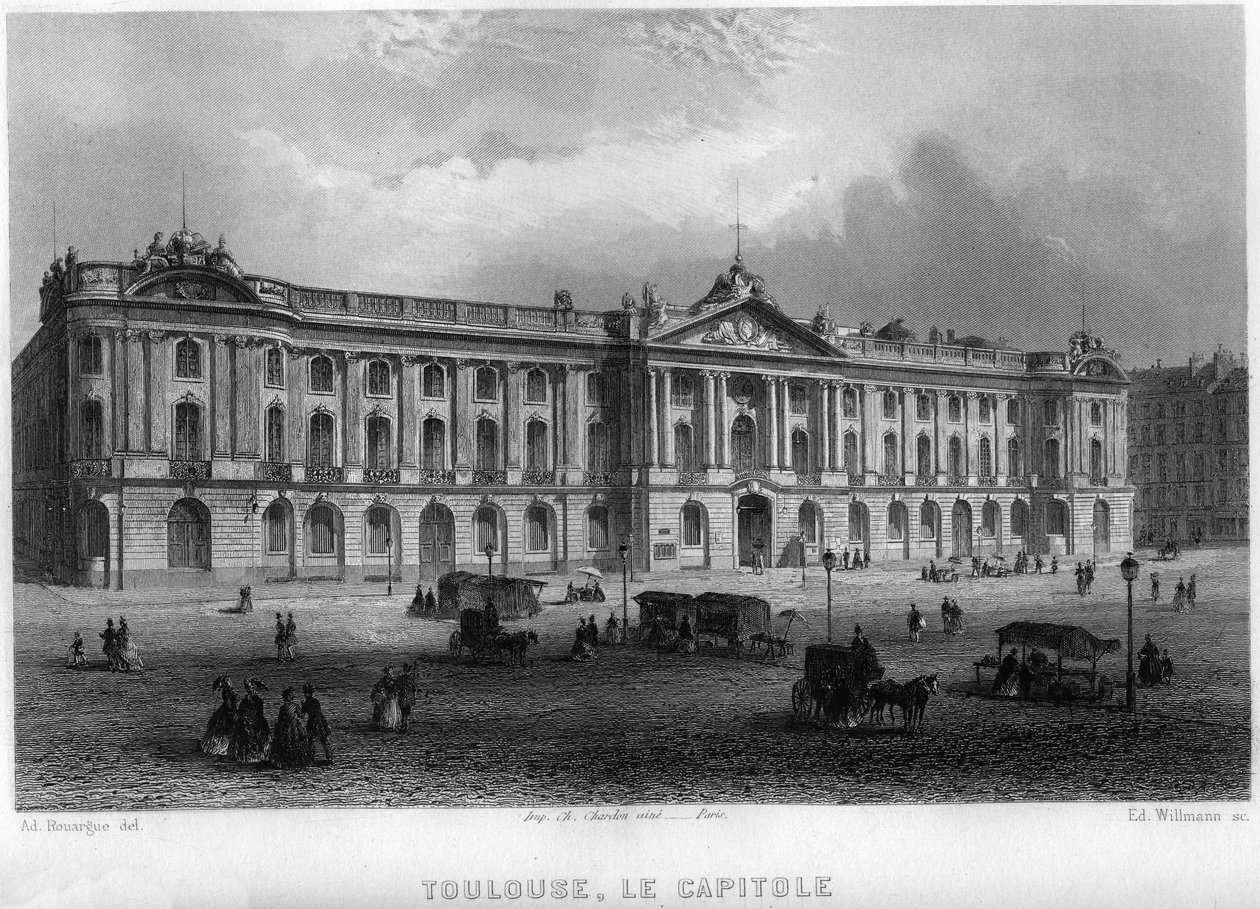 Vista da capital da cidade de Toulouse, Haute-Garonne (Haute Garonne), Midi-Pyrenees (Midi Pyrenees), França. Gravura de Willmann em "La France ancienne et moderne" de Jean-Bernard Mary-Lafon (Jean Bernard Mary Lafon) de Edouard Willmann