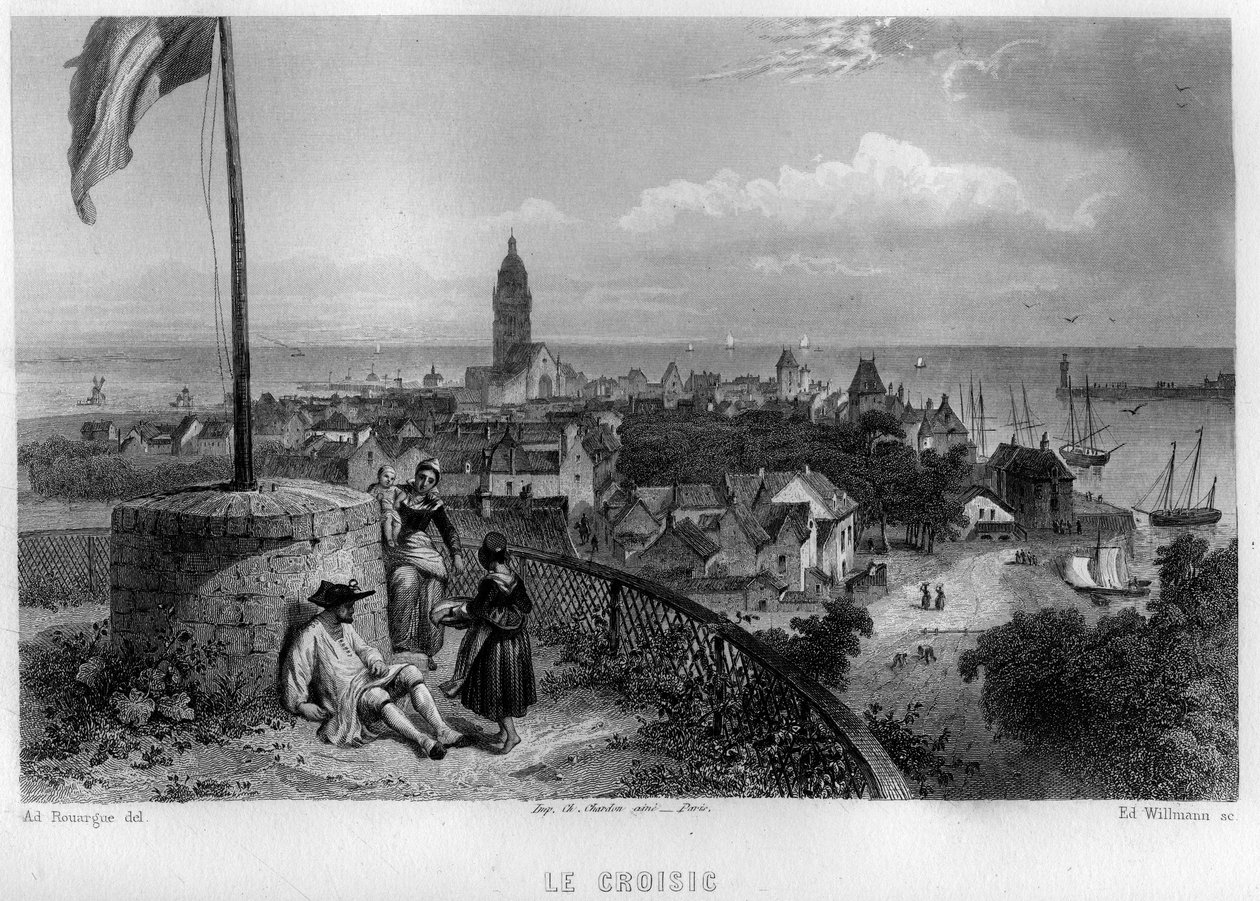 Vista da cidade de Croisic (Le Croisic), Loire-Atlantique (Loire Atlantique), Pays de la Loire, França. Gravura de Willmann em "La France ancienne et moderne" de Jean-Bernard Mary-Lafon (Jean Bernard Mary Lafon) de Edouard Willmann