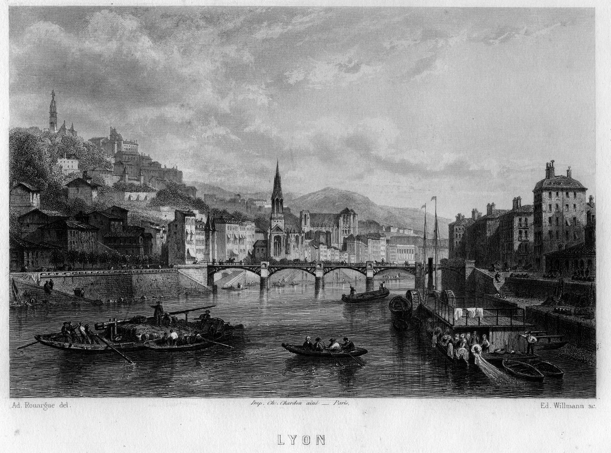 Vista da cidade de Lyon, departamento de Rhone, região de Rhone-Alpes, França. Gravura de Willmann em "La France ancienne et moderne" de Jean-Bernard Mary-Lafon (Jean Bernard Mary Lafon) de Edouard Willmann