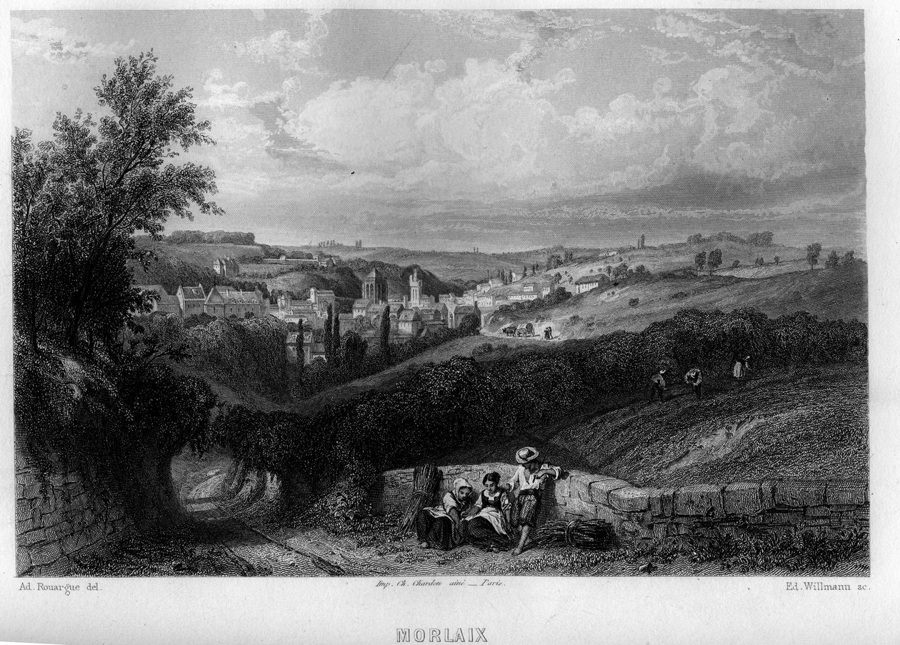Vista da cidade de Morlaix, Finistere, Brittany, França. Gravura de Willmann em "La France ancienne et moderne" de Jean-Bernard Mary-Lafon (Jean Bernard Mary Lafon) de Edouard Willmann