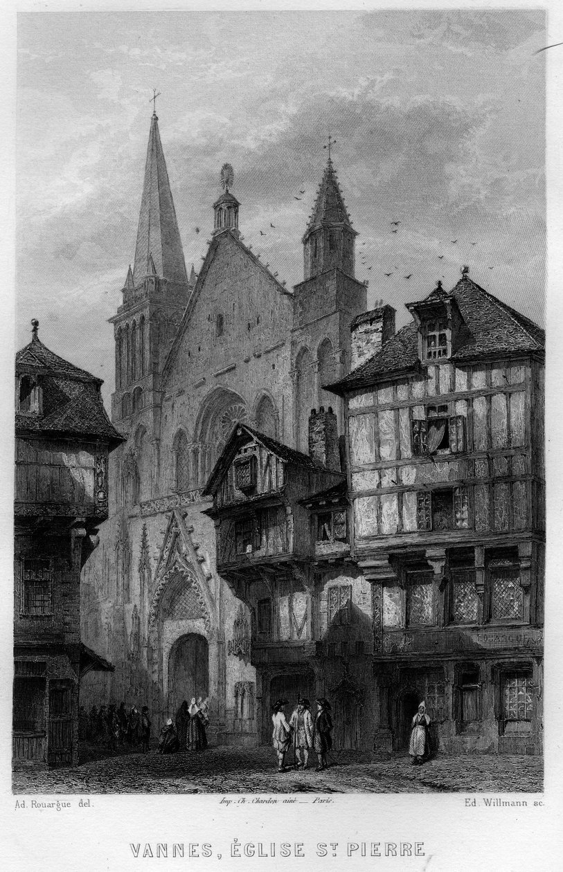 Vista da cidade de Vannes e da Igreja de Saint Pierre, Morbihan, Bretanha, França. Gravura de Willmann em "La France ancienne et moderne" de Jean-Bernard Mary-Lafon (Jean Bernard Mary Lafon) de Edouard Willmann