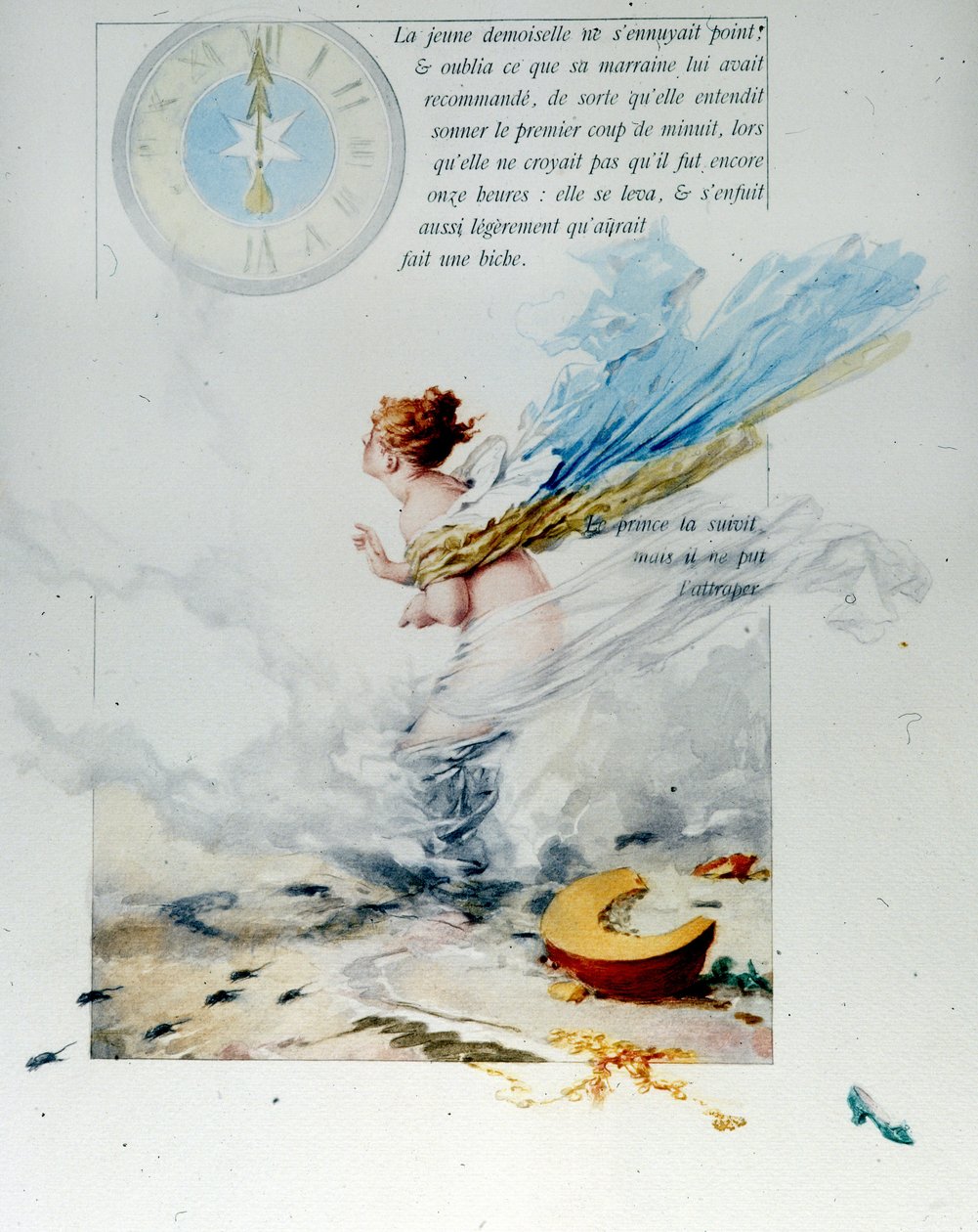 Charles Perrault (1628 - 1703): "Cinderela" 1697. A ilustração de Edouard de Beaumont (1887) retrata a fuga de Cinderela ao décimo segundo golpe da meia-noite, perdendo seu sapato. Os cavalos tornam-se novamente ratos e a carruagem transforma-se em uma abó de Edouard de (after) Beaumont
