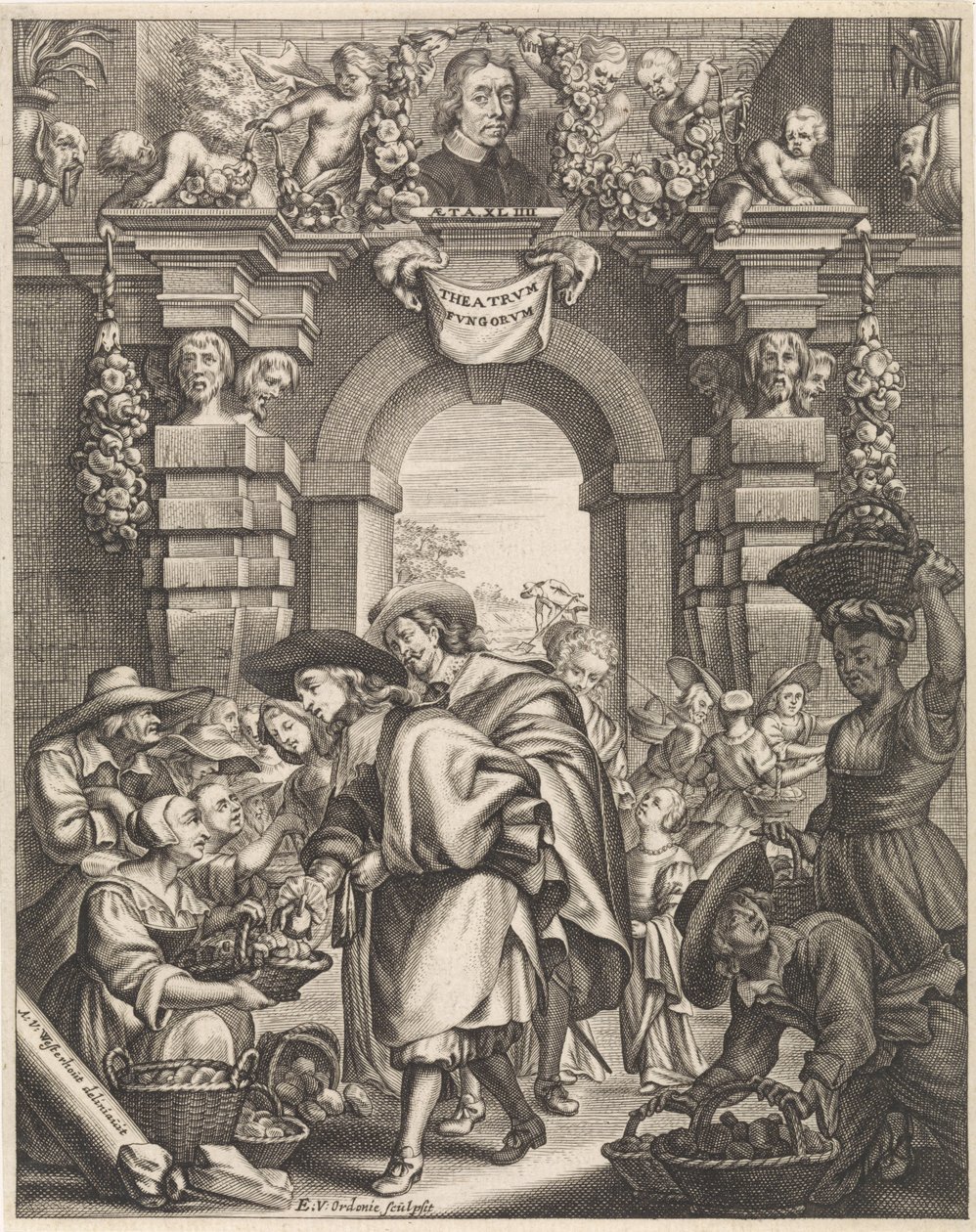 Dois cavalheiros compram cogumelos no mercado
Ilustração do título para: F. van Sterbeeck, Theatrum Fungorum out het tooneel der Campernoelien, 1675 de Edouard van Ordonie