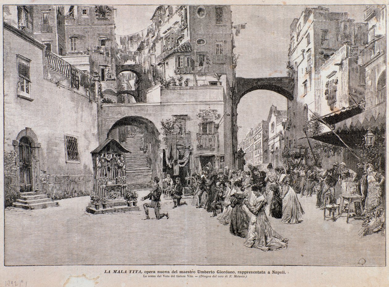 Representação do voto de Vito, de La mala vita, ópera de Umberto Giordano (gravura) de Edouardo Matania