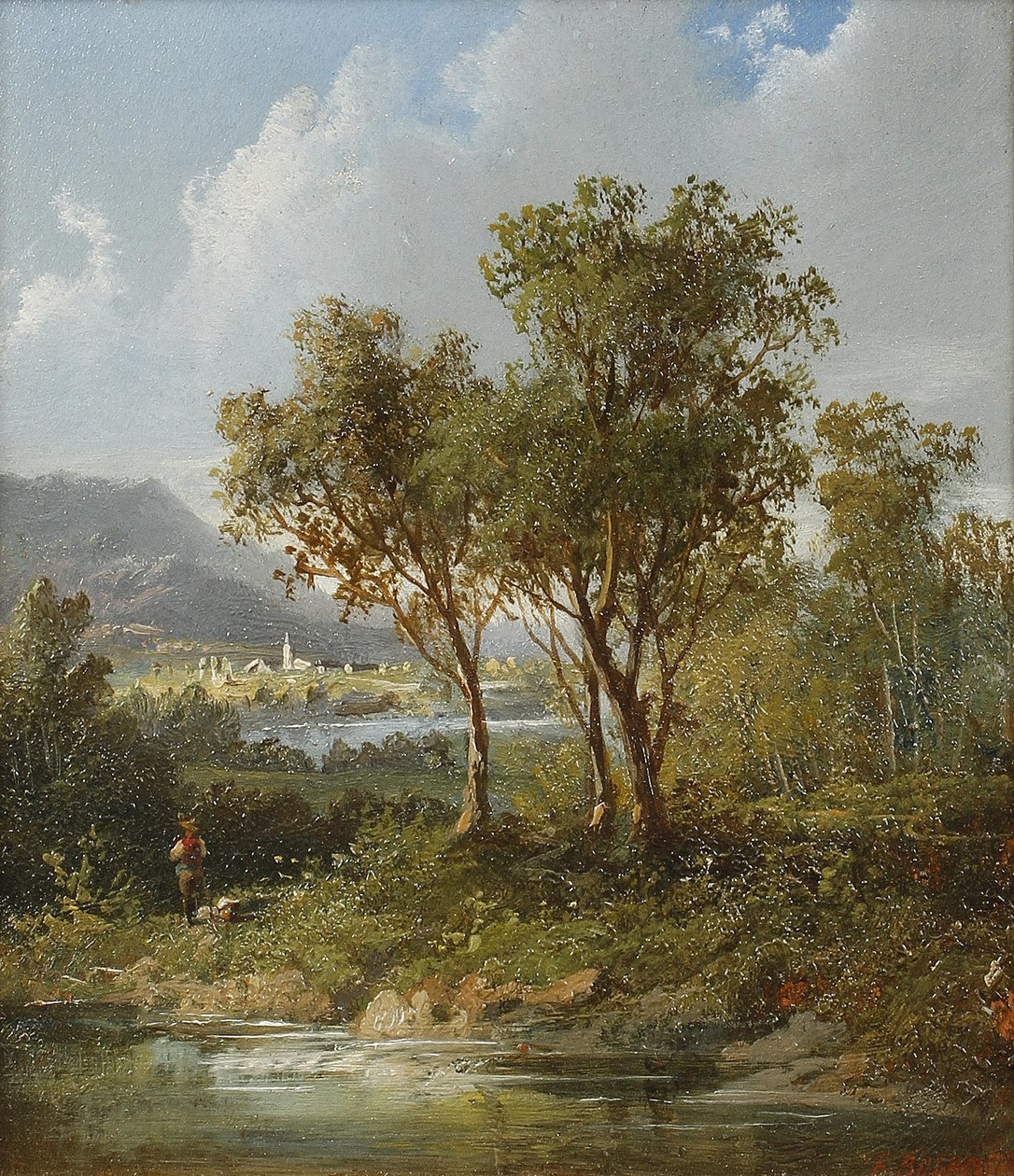 Figura ao lado de um lago com montanhas distantes de Eduard Boehm