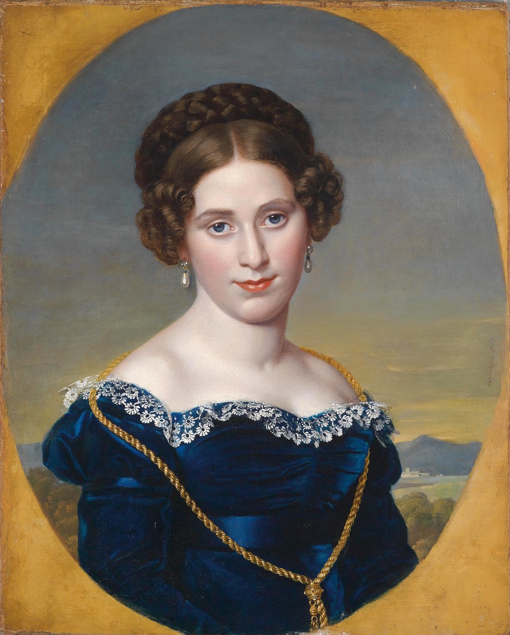 Retrato, de, um, mulher jovem, -, retrato, de, um, senhora, frente, campo, fundo de Eduard Friedrich Leybold