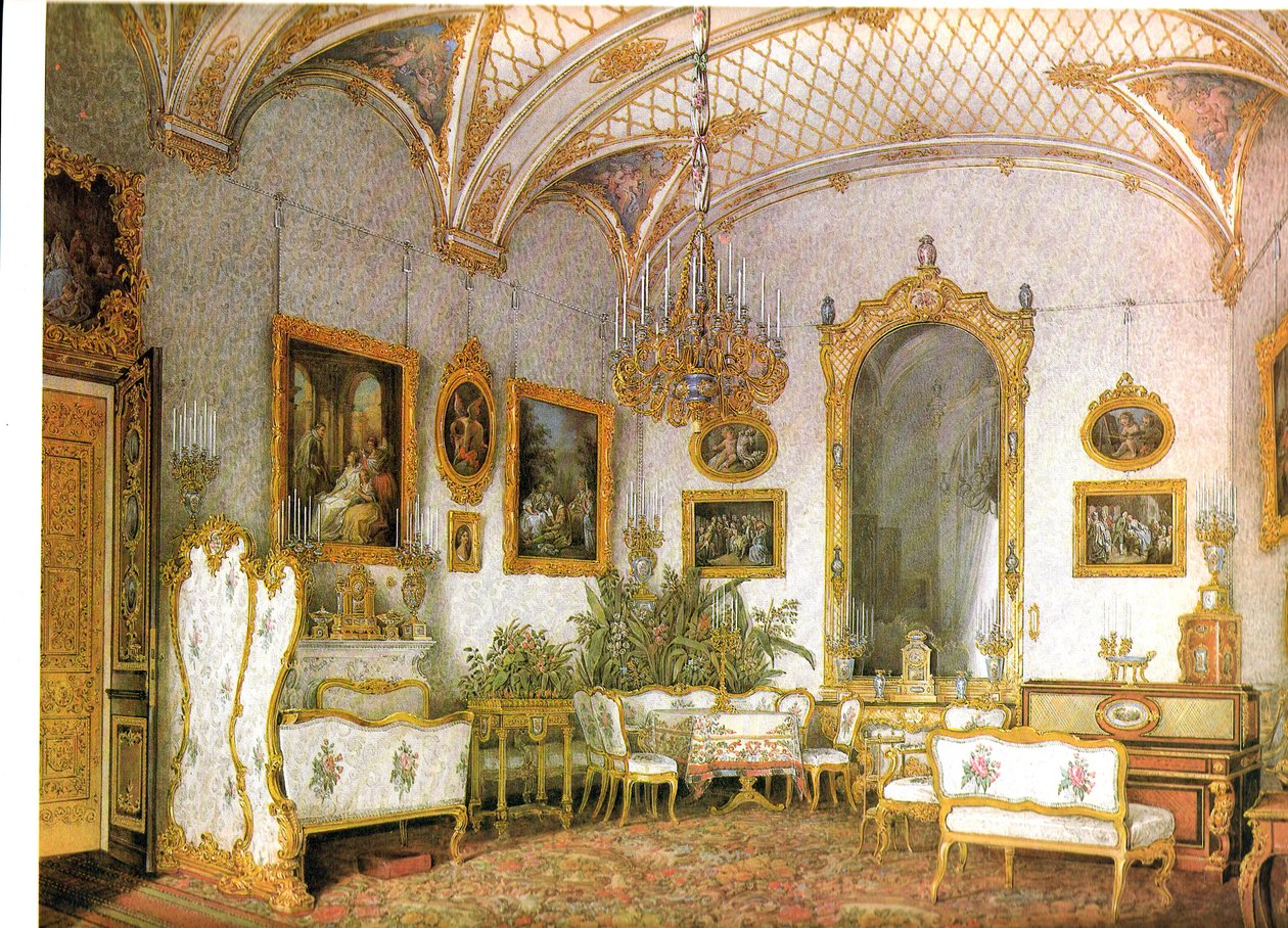 Interiores do Palácio de inverno. A sala branca no Risolite Noroeste (suíte Alexandra Fedorovna) de Eduard Hau
