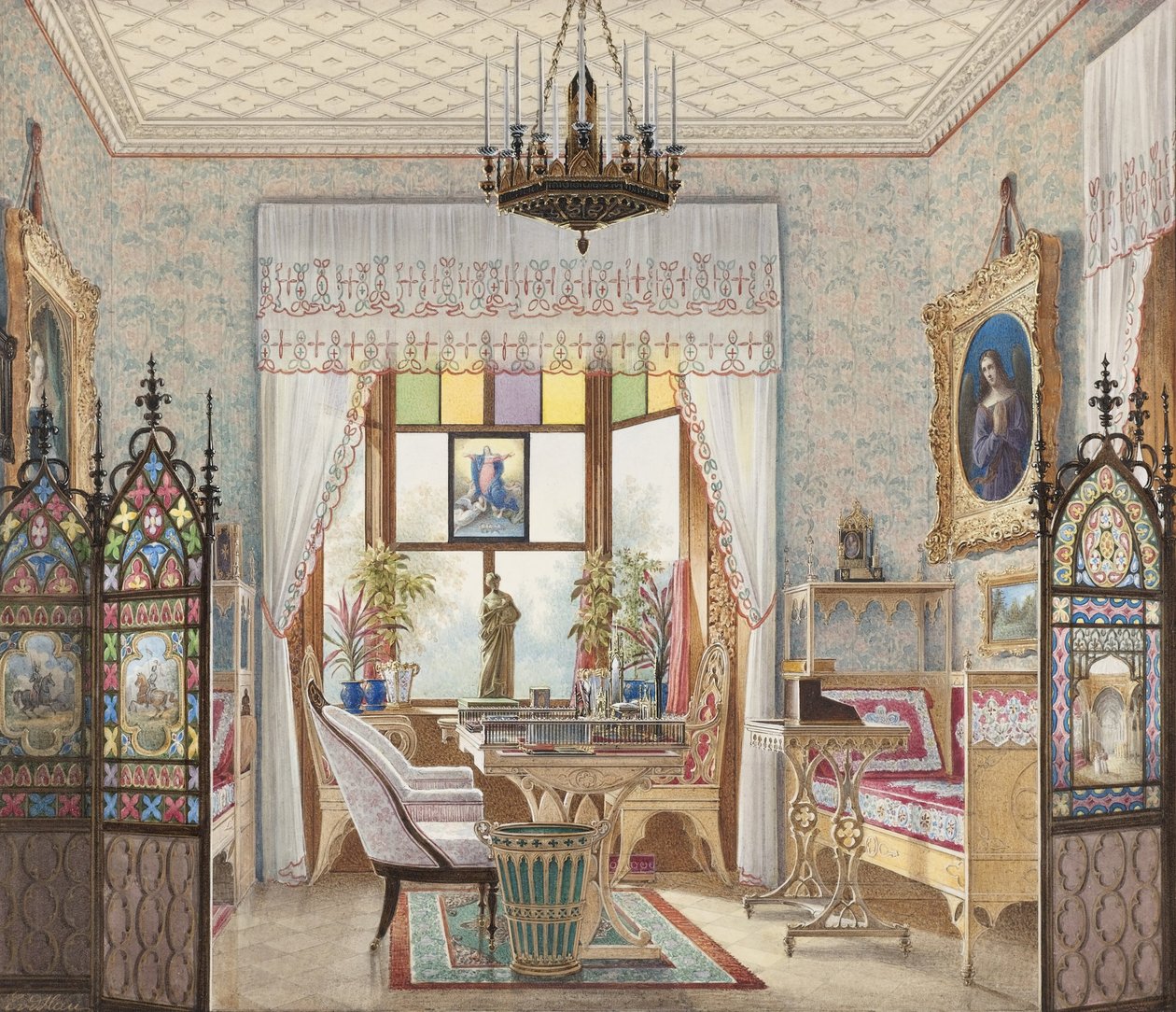 Imperatriz Alexandra Feodorovnas sala de estar, Cottage Palace, St. Petersberg, Rússia de Eduard Hau