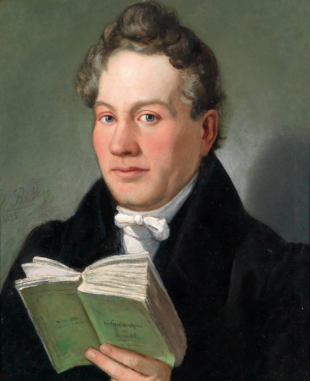 Retrato do escritor vienense Christoph Kuffner (1777-1846) com seu livro Hesperidenhain der Romantik de Eduard Ritter