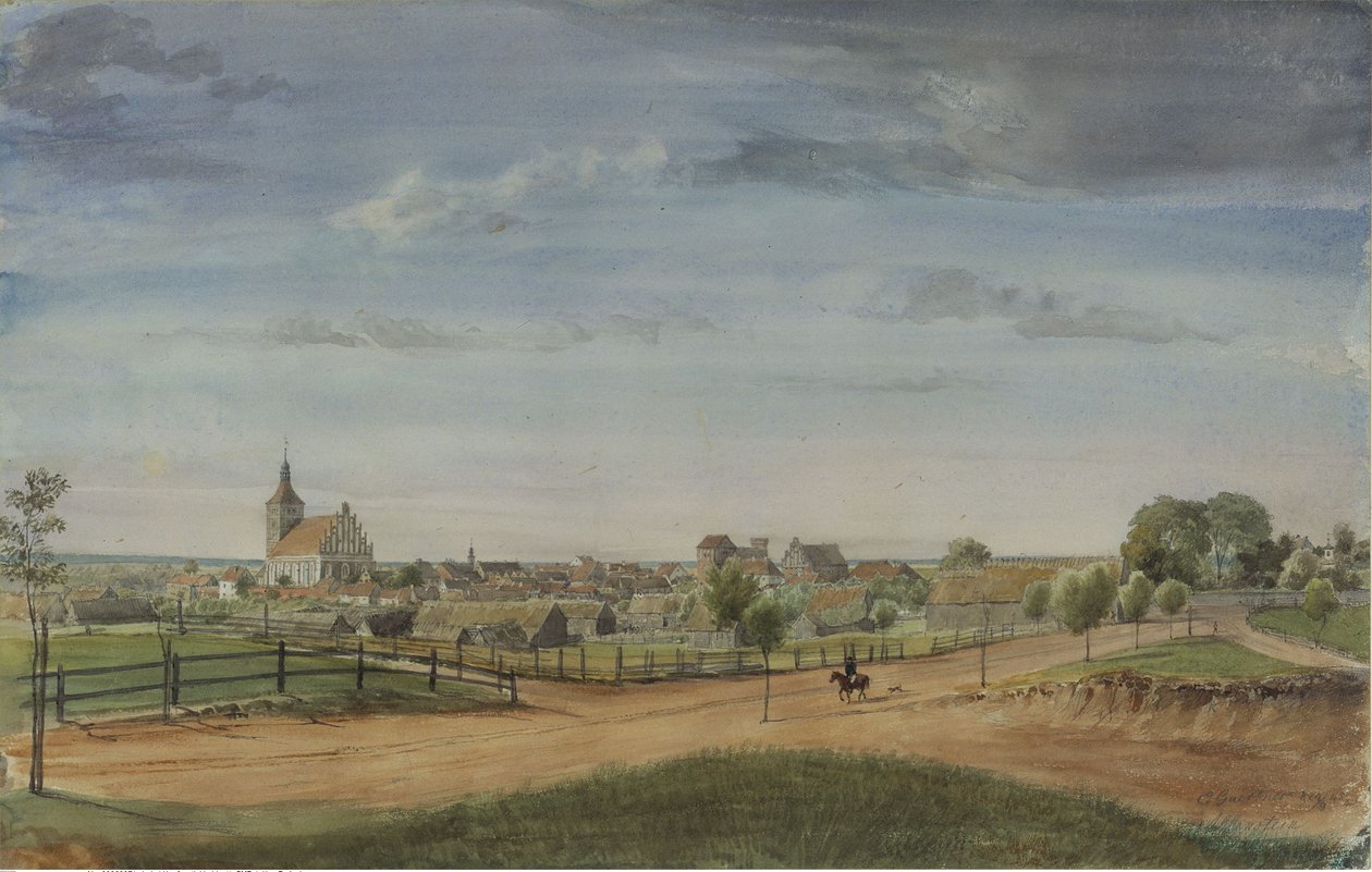 Allenstein [Prússia Oriental] com um cruzamento de estradas em primeiro plano de Eduard Gaertner