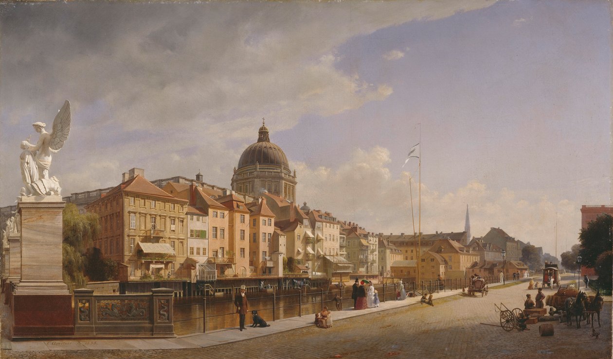 Vista das fachadas traseiras das casas na Schlossfreiheit de Eduard Gaertner