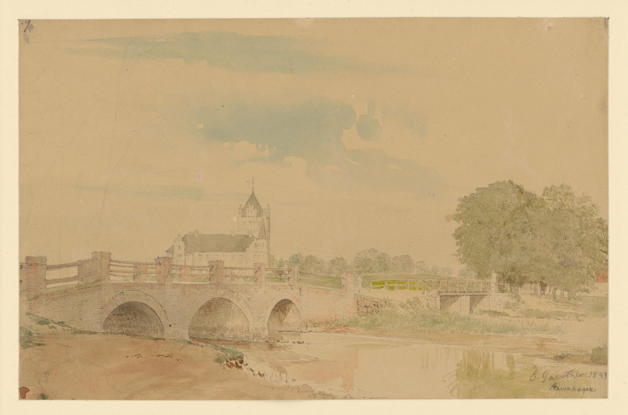 Vista da igreja e das pontes de Stavenhagen de Eduard Gaertner