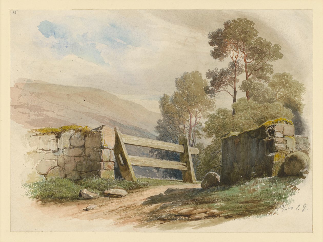 Paisagem com muro de pedra e portão de Eduard Gaertner