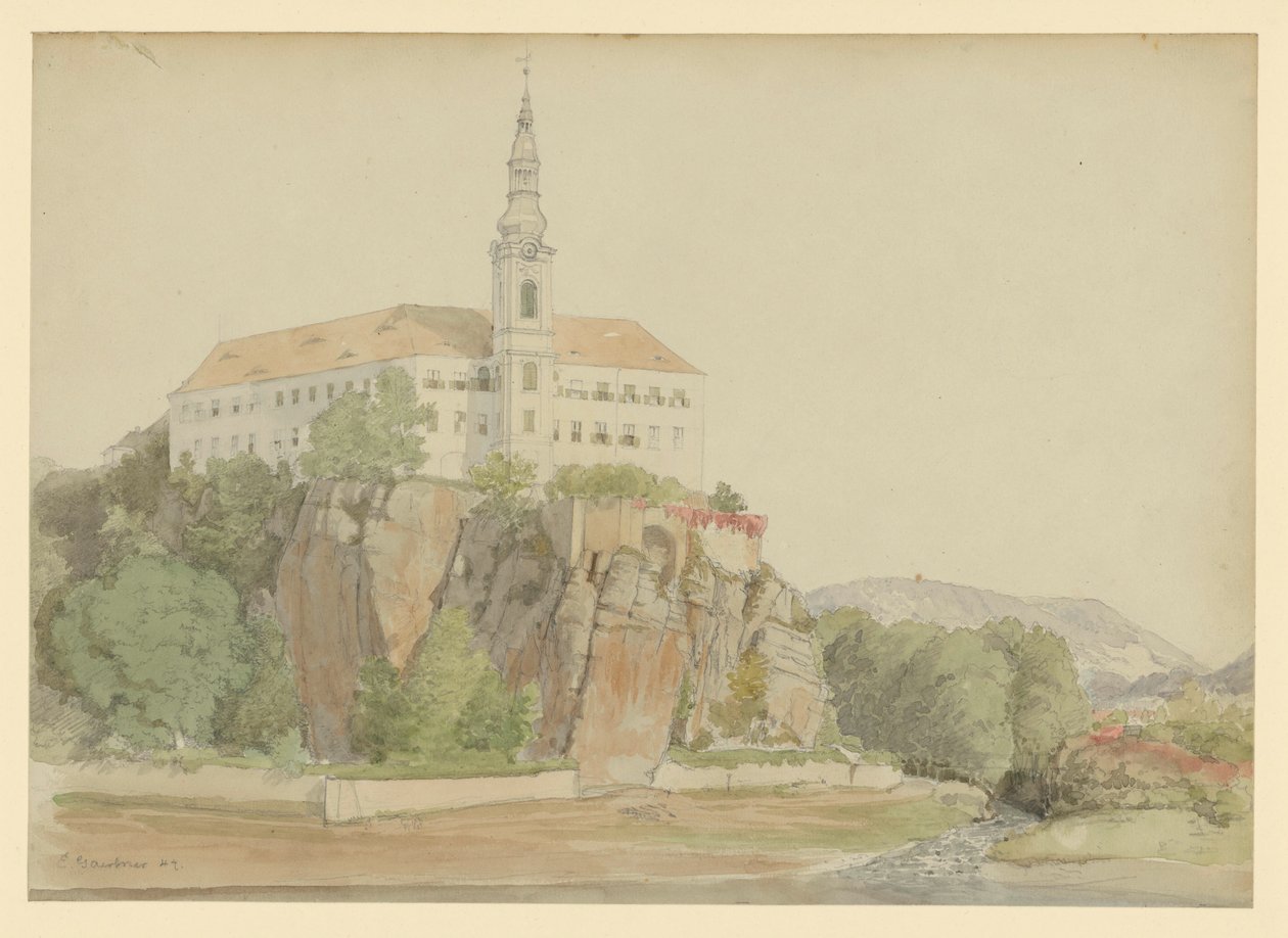 Castelo junto ao rio (Danúbio?) de Eduard Gaertner