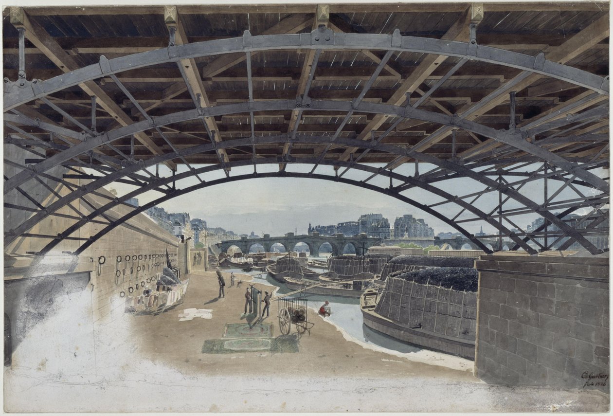 Sob a Pont des Arts, com vista para a Pont Neuf e a ilha do Sena em Paris de Eduard Gaertner