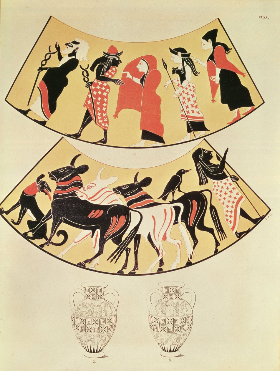 Desenhos de um vaso etrusco representando uma procissão de sacerdotes e marcando os novos limites da cidade usando um arado puxado por bois de Eduard Gerhardt