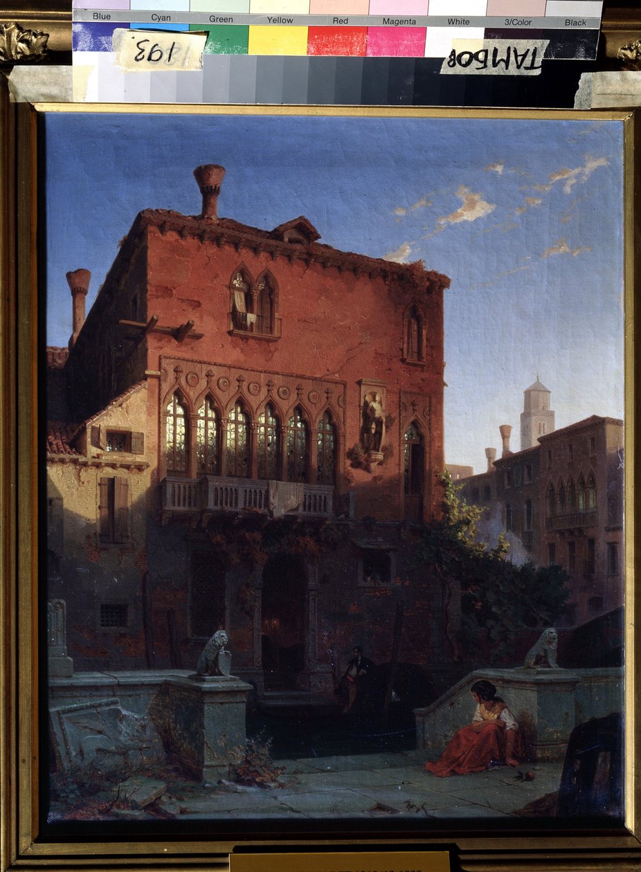 ""Vista do Palácio de Otelo, o Mouro de Veneza"" (A Casa de Otelo, o Moore em Veneza) Vista da casa do personagem geral veneziano da tragédia de William Shakespeare. Pintura de Eduard Gerhardt (1814-1888) 1856 Galeria de Arte Regional, Tambov, Rússia de Eduard Gerhardt