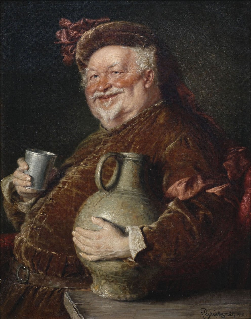 Falstaff com uma caneca de vinho e copo de lata, 1910 de Eduard Gruetzner von