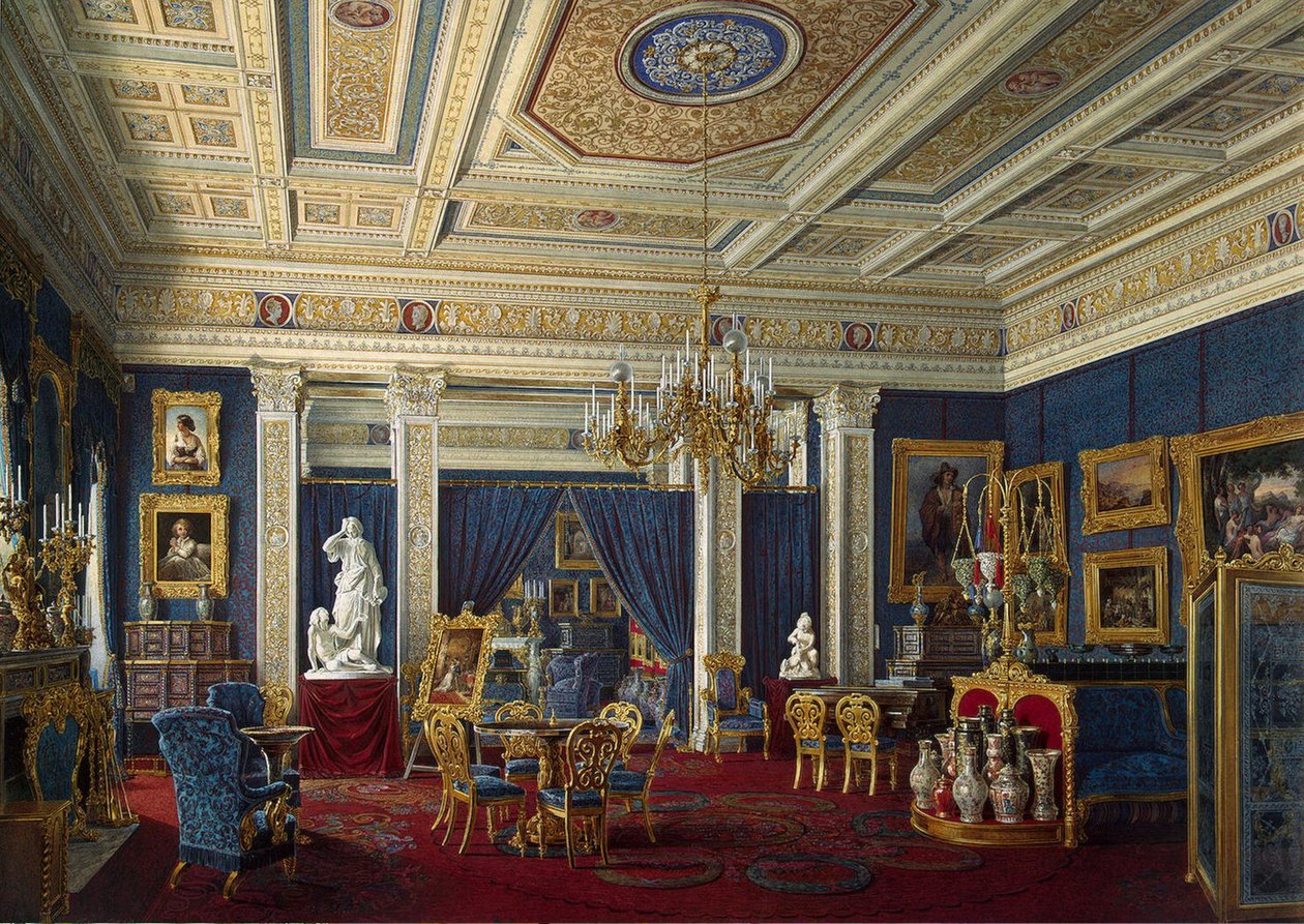 Sala azul no Palácio Mariinsky em São Petersburgo, meados do século XIX. de Eduard Hau