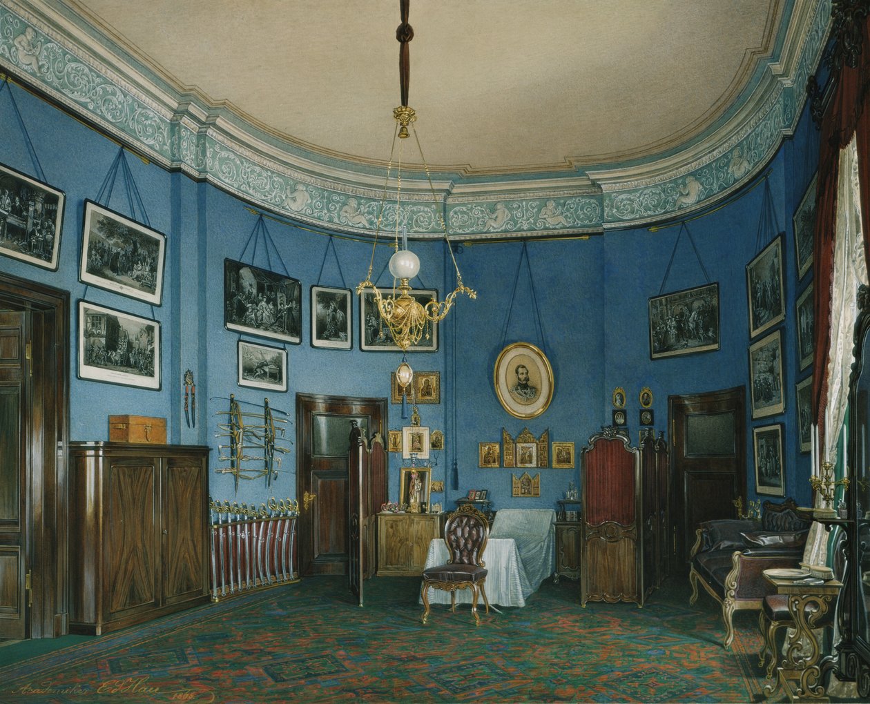 Interiores do Palácio de inverno. O quarto do príncipe herdeiro Nikolay Aleksandrovich, 1865 de Eduard Hau