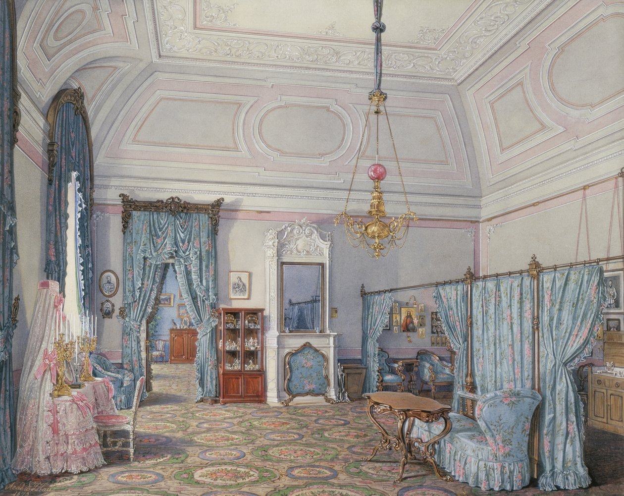 Interiores do Palácio de inverno. O Quinto Apartamento Reservado. O quarto da grande princesa Maria Alexandrovna, 1873 de Eduard Hau