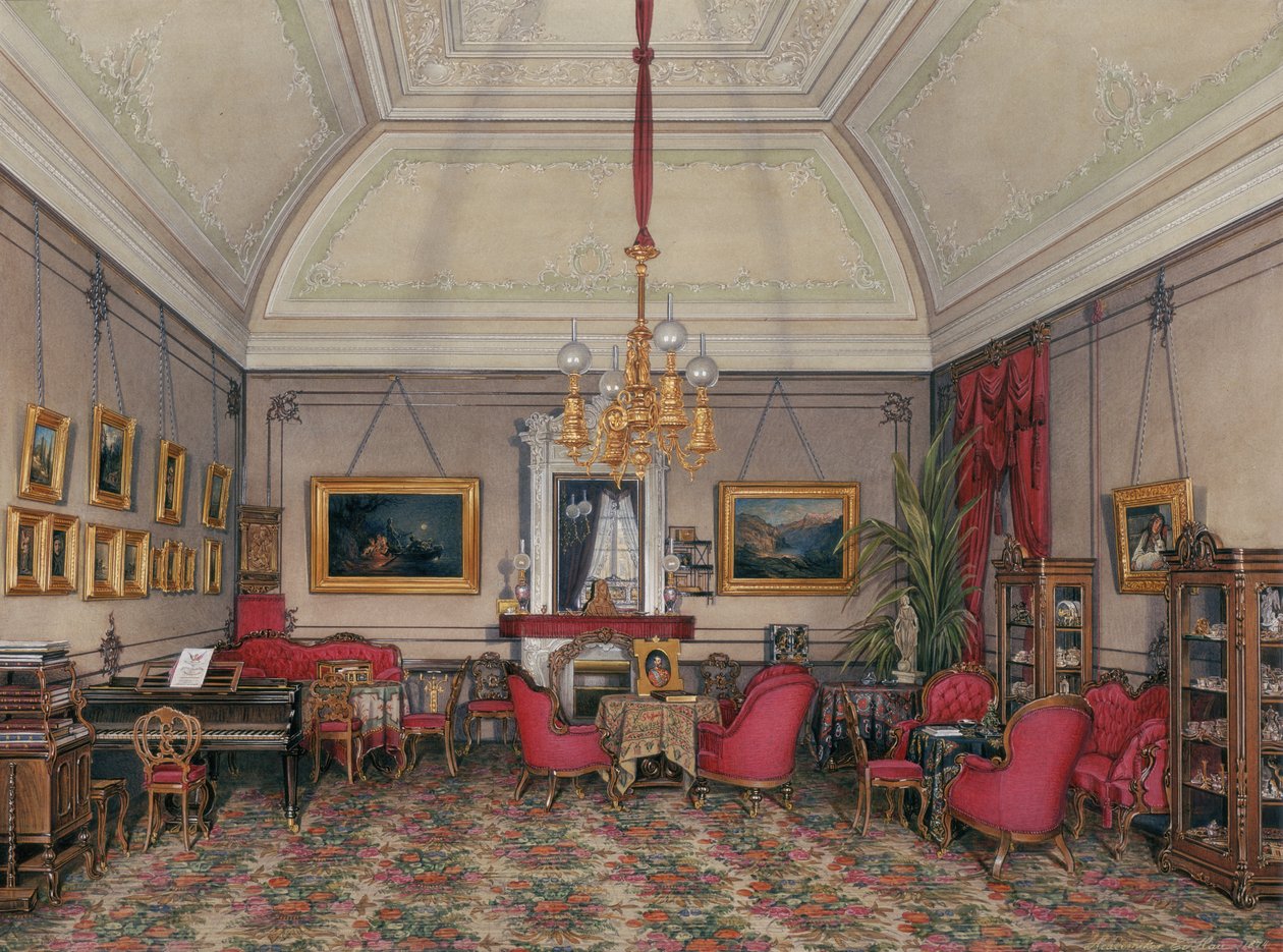 Interiores do Palácio de inverno. O Quinto Apartamento Reservado. A sala de estar da grande princesa Maria Alexandrovna, 1874 de Eduard Hau