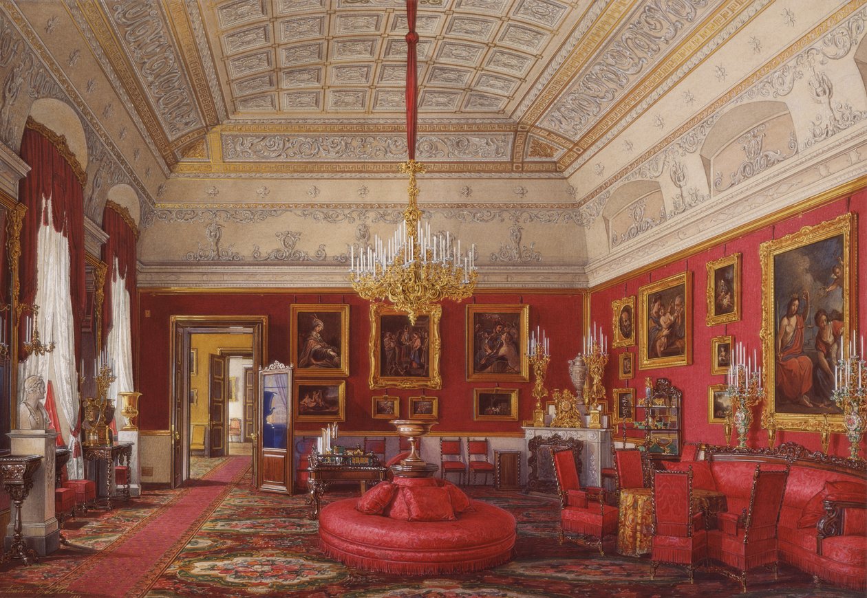Interiores do Palácio de inverno. O primeiro apartamento reservado. O Grande Estudo da Grã-Princesa Maria Nikolayevna, 1867 de Eduard Hau