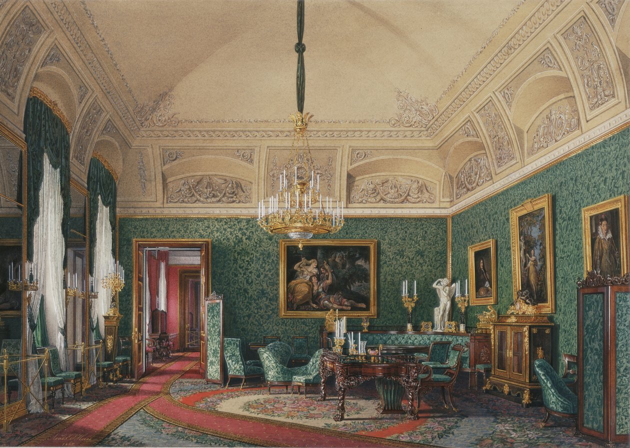 Interiores do Palácio de inverno. O primeiro apartamento reservado. O Pequeno Estudo da Grã-Princesa Maria Nikolayevna, 1867 de Eduard Hau