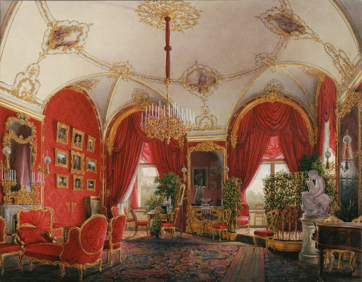 Interiores do Palácio de inverno. O quarto apartamento reservado. The Corner Room, em meados do século XIX. de Eduard Hau